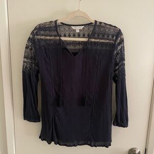 Garnet Hill Deep Blue Lace Accent Blouse